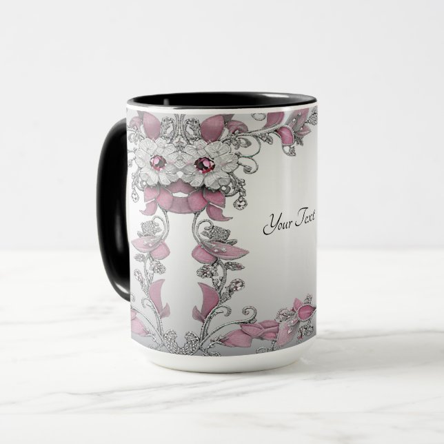 Tasse florale argent rose blanc (Devant gauche)
