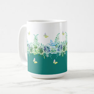 Tasse florale aux papillons verts sarcelle