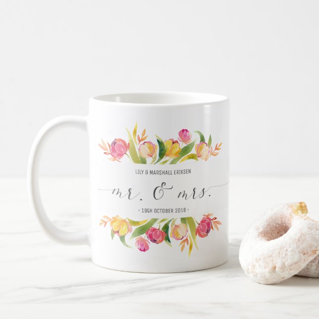 Tasse florale élégante de M. et de Mme Wedding | (Avec donut)