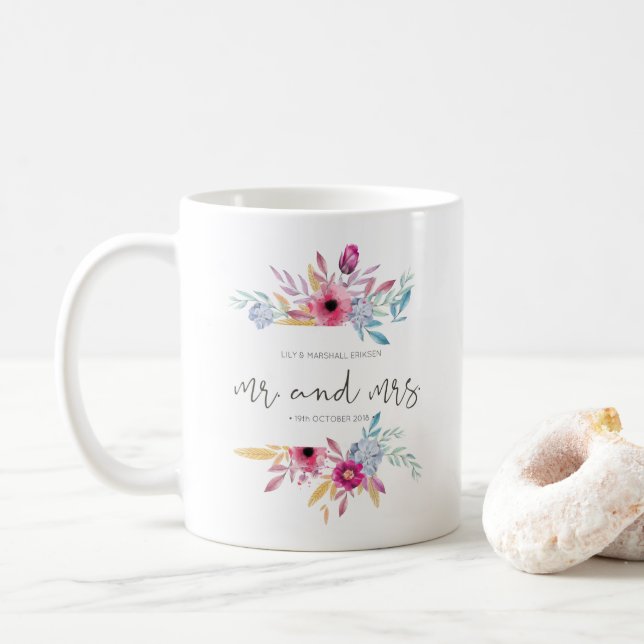Tasse florale élégante de M. et de Mme Wedding | (Avec donut)