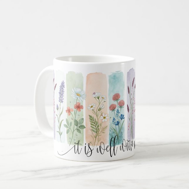 Tasse florale 'Il est bien pour mon âme' (Devant gauche)