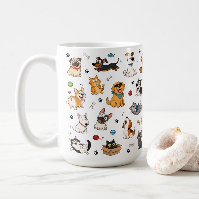 Tasse Funny Cartoon Pets | Chats et chiens mignons (Avec donut)