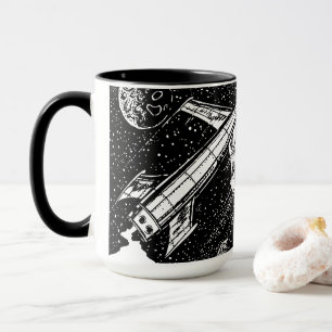 Tasse Fusée Rétro – Cosmic Cool en Noir & Blanc