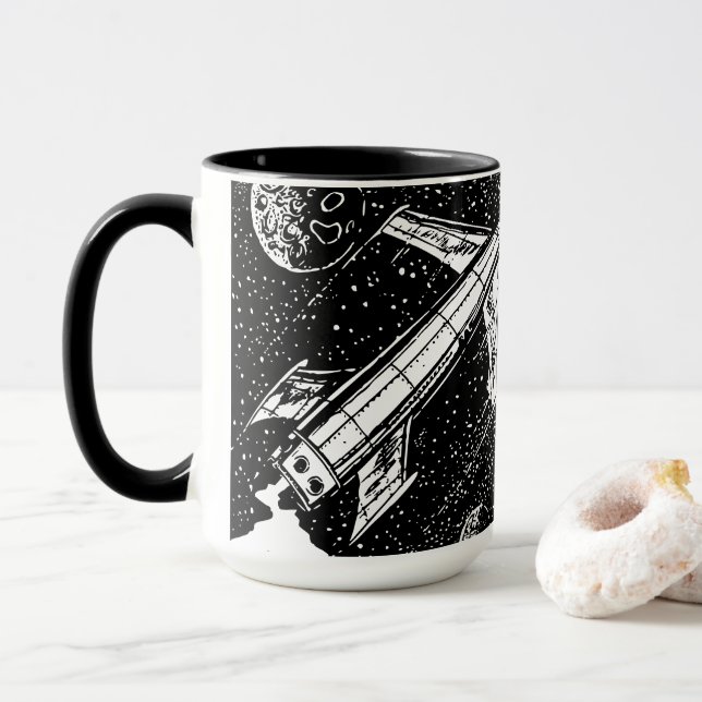 Tasse Fusée Rétro – Cosmic Cool en Noir & Blanc (Avec donut)