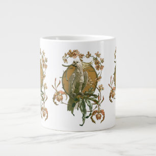 Tasse Géante Art Nouveau vintage, oiseau cacatoès, fleurs d'orc