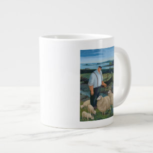 Tasse Géante Berger avec des moutons dans le paysage de rivièr