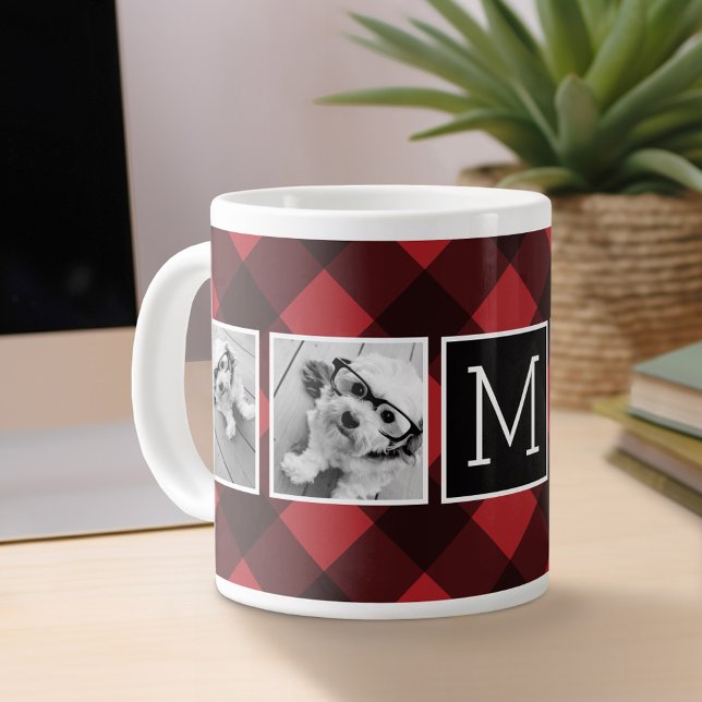Tasse Géante Collage de photos - Monogramme Plaid Red Black Buf (Personalized mug)
