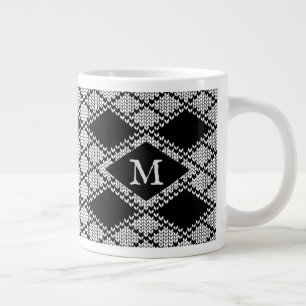 Tasse géante en tricot ARGYLE NOIR + Initiale