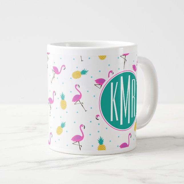 Tasse Géante Flamants roses de néon| Monogramme (Devant droit)