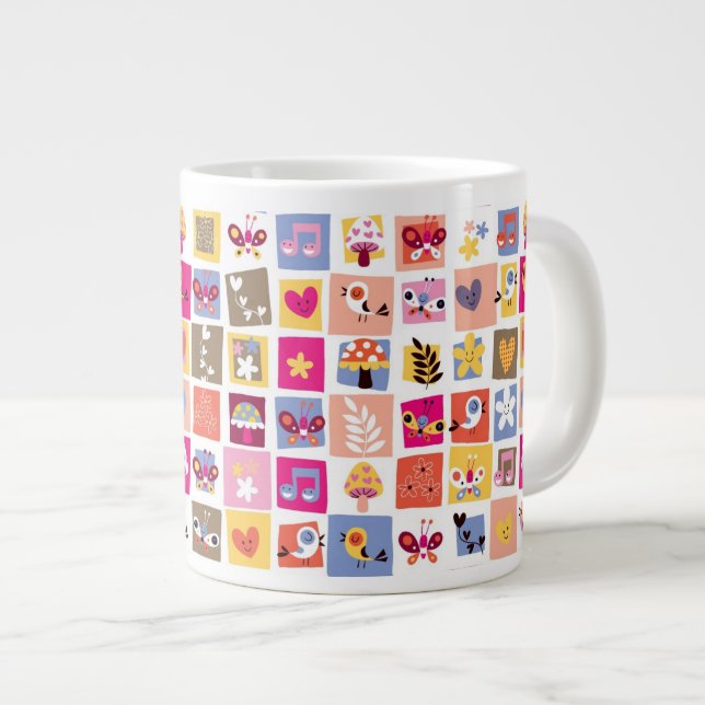 Tasse Géante fleurs mignonnes, oiseaux, motif de carrés de (Devant droit)