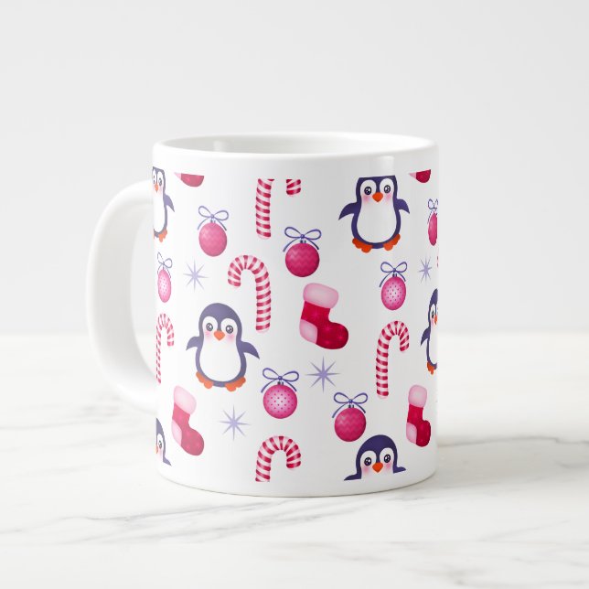 Tasse Géante Joli Motif de Noël rose et blanc avec des pingouin (Devant gauche)