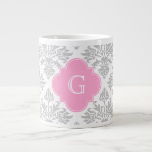 Tasse Géante Lg Gris Blanc Floral Damas #3 Étiquette rose Monog