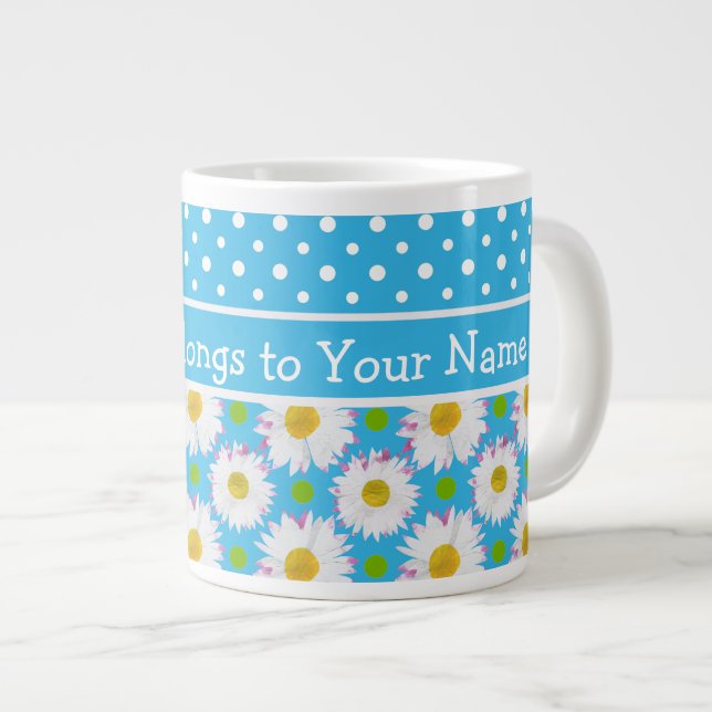 Tasse Géante Marguerites blanches et Pois sur Sky Blue (Devant droit)
