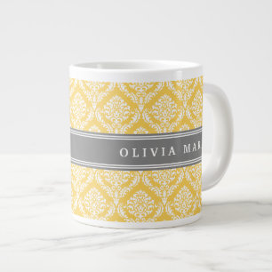 Tasse Géante Modèle élégant jaune damassé avec nom gris