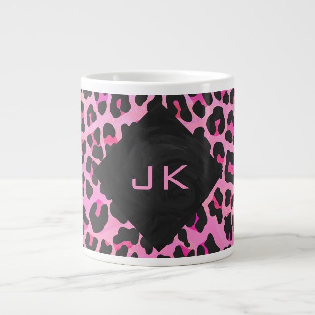 Tasse Géante Monogramme Leopard noir et rose chaud (Devant)