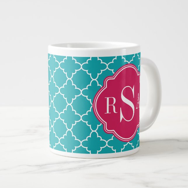 Tasse Géante Monogramme rose pâle de Trellis bleu (Devant droit)