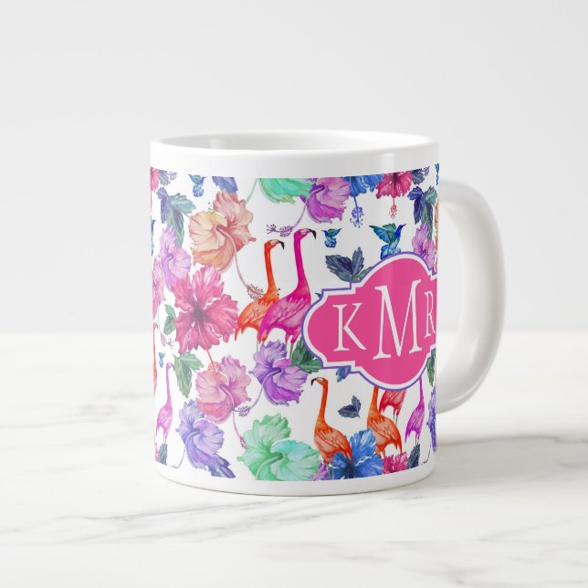 Tasse Géante Motif d'aquarelle tropicale| Monogramme (Devant droit)