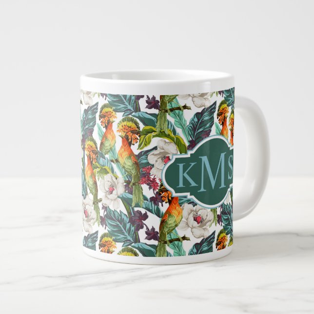 Tasse Géante Motif De Fleur Exotique Et Oiseau| Monogramme (Devant droit)