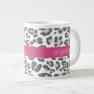 Tasse Géante Motif Empreinte de léopard gris avec nom rose
