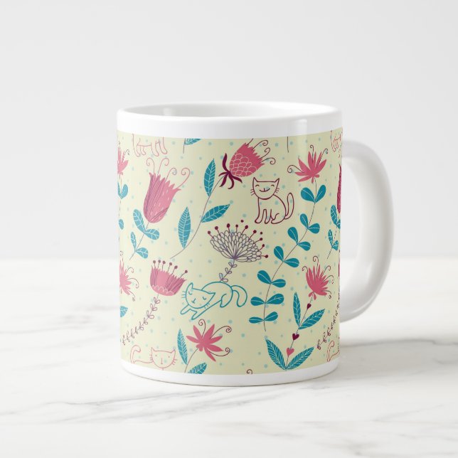 Tasse Géante Motif floral avec chats de dessin animé (Devant droit)