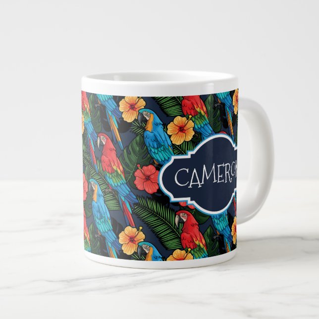 Tasse Géante Motif Macaw Et Hibiscus| Ajouter votre nom (Devant droit)