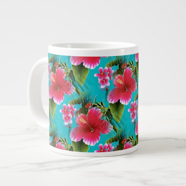 Tasse Géante Motif rose Turquoise Hawaiian Hibiscus Fleurs (Devant gauche)