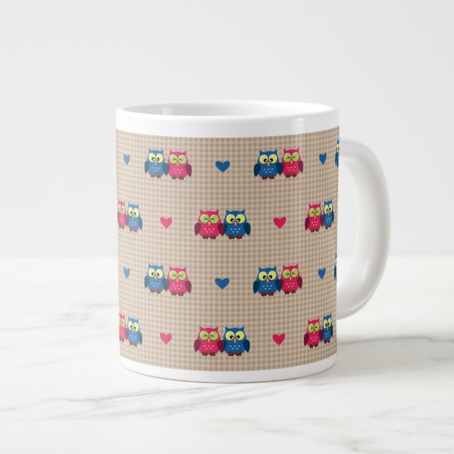 Tasse Géante Motif vérifié avec des hiboux d'amour (Devant droit)