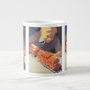 Tasse Géante Noël vintage, garçon jouant avec des trains jouets