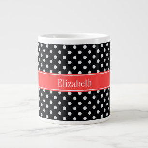 Tasse Géante Noir Blanc Pois Corail Nom Rouge Monogramme