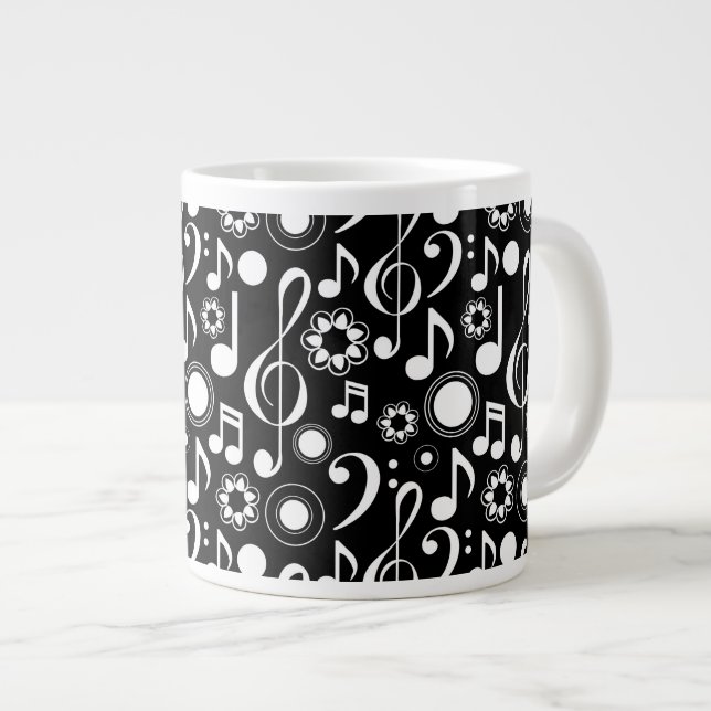 Tasse Géante Notes musicales et Clefs - Blanc sur noir (Devant droit)