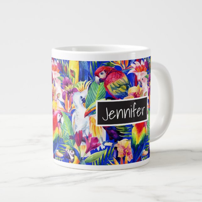 Tasse Géante Perroquets d'aquarelle| Ajouter votre nom (Devant droit)