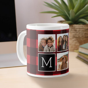 Tasse Géante Photo Collage - Monogramme Rouge Buffle Noir Plaid