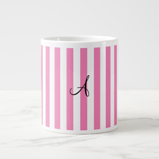 Tasse Géante Rayures roses et blanches de monogramme (Devant)