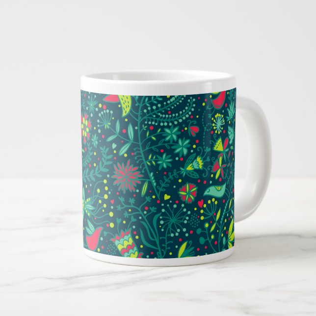 Tasse Géante Représentation florale avec oiseaux caricaturaux 2 (Devant droit)