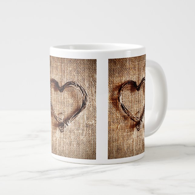 Tasse Géante Rustic Country Twine Heart sur Burlap Imprimer (Devant droit)