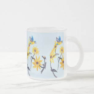 Tasse Givré Art Floral Oiseaux, Fleurs de soleil bleu Tit