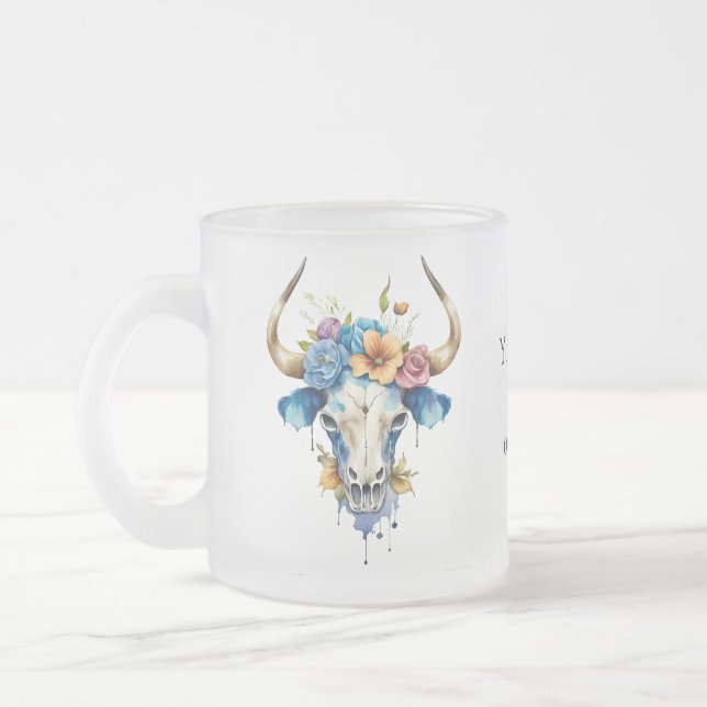 Tasse Givré Boho Chic Aquarelle Florale Vache Crâne (Gauche)
