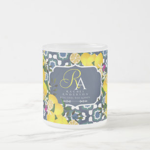 Tasse Givré Carreaux Méditerranéens au Citron  Bleu Nuit Blanc