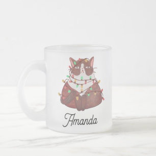 Tasse Givré Chat mignon avec café en verre dépoli de noël