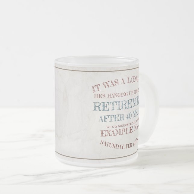 Tasse Givré Faire-part de retraite avec bottes anciennes V1.0 (Devant droit)