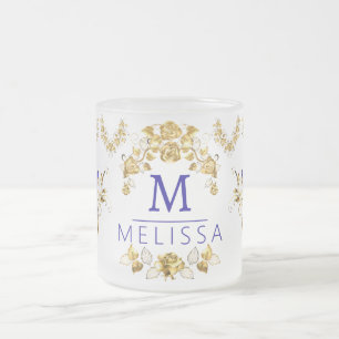 Tasse Givré Fleurs modernes papillons bleu & or monogrammed