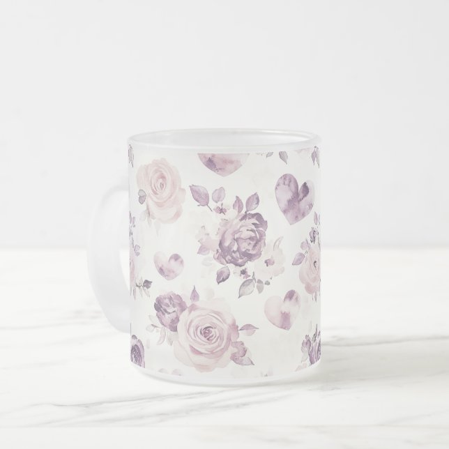 Tasse Givré Fleurs roses violettes & Cœurs   (Devant gauche)