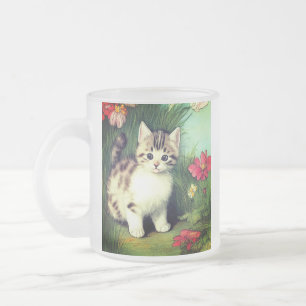 Tasse Givré Illustration vintage de chat avec Fleurs rouges