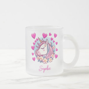 Tasse Givré Joli Licorne, Cœurs Roses & Fleurs, Nom Personnali