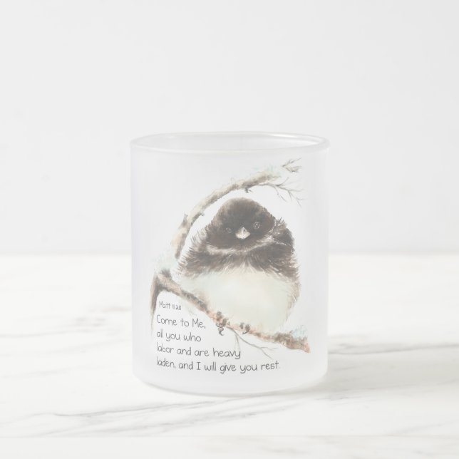 Tasse Givré Jote Junco Bird, Écriture, Matt 11:28, Repos (Centre)