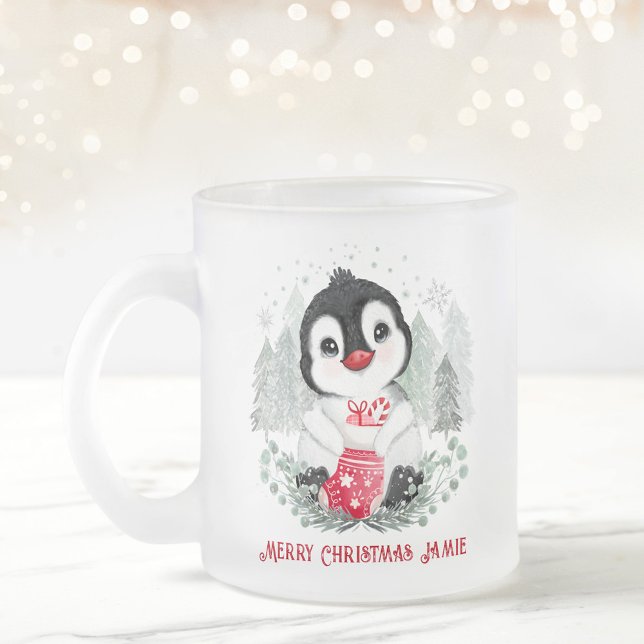 Tasse Givré Noël personnalisé Pingouin mignon (Cute Penguin Personalized Christmas Frosted Glass Coffee Mug)