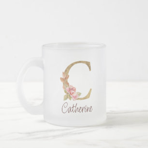 Tasse Givré Nom personnalisé Blush Rose Fleur Lettre C Or