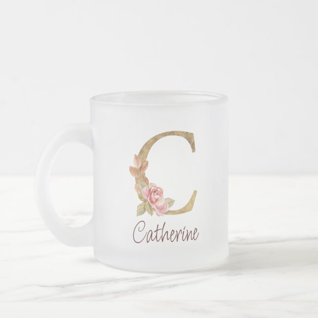 Tasse Givré Nom personnalisé Blush Roses Rose lettre C feuille (Gauche)