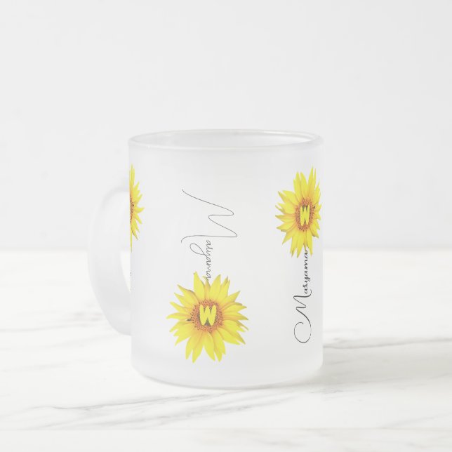 Tasse Givré Nom personnalisé et monogramme avec tournesol élég (Devant gauche)