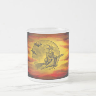 Tasse Givré Sorcière volante avec chat noir, nuit halloween